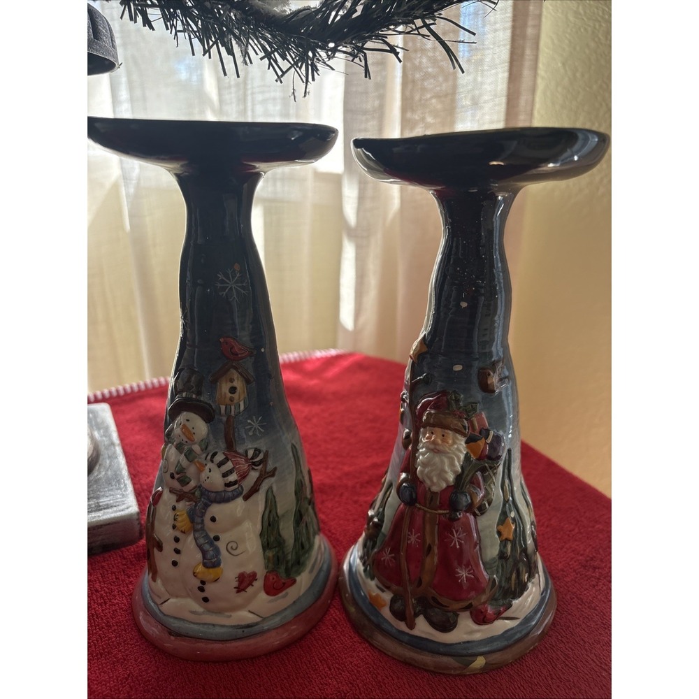 Vtg Roman Inc Blue Ceramic "Snowman" And Santa Taper  Candlestick Holders 8 x 4"